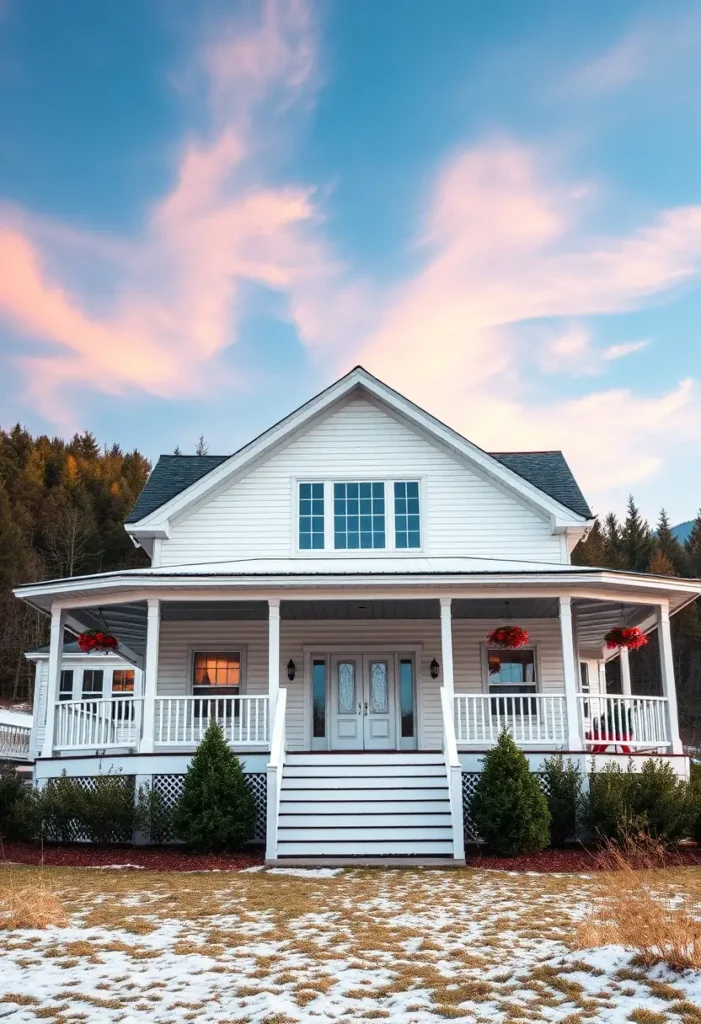 White farmhouse with a wraparound porch, red hanging flower baskets, and a snowy yard set against a pastel sunset sky.