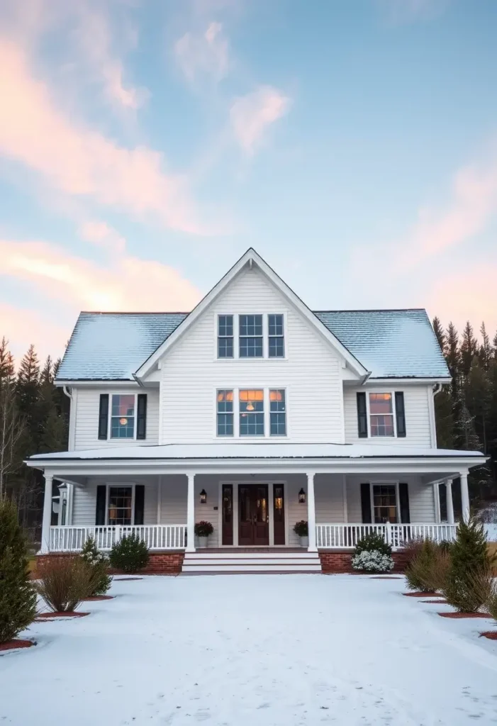 White farmhouse with a wraparound porch, black shutters, and a snow-covered front yard under a pastel winter sky.