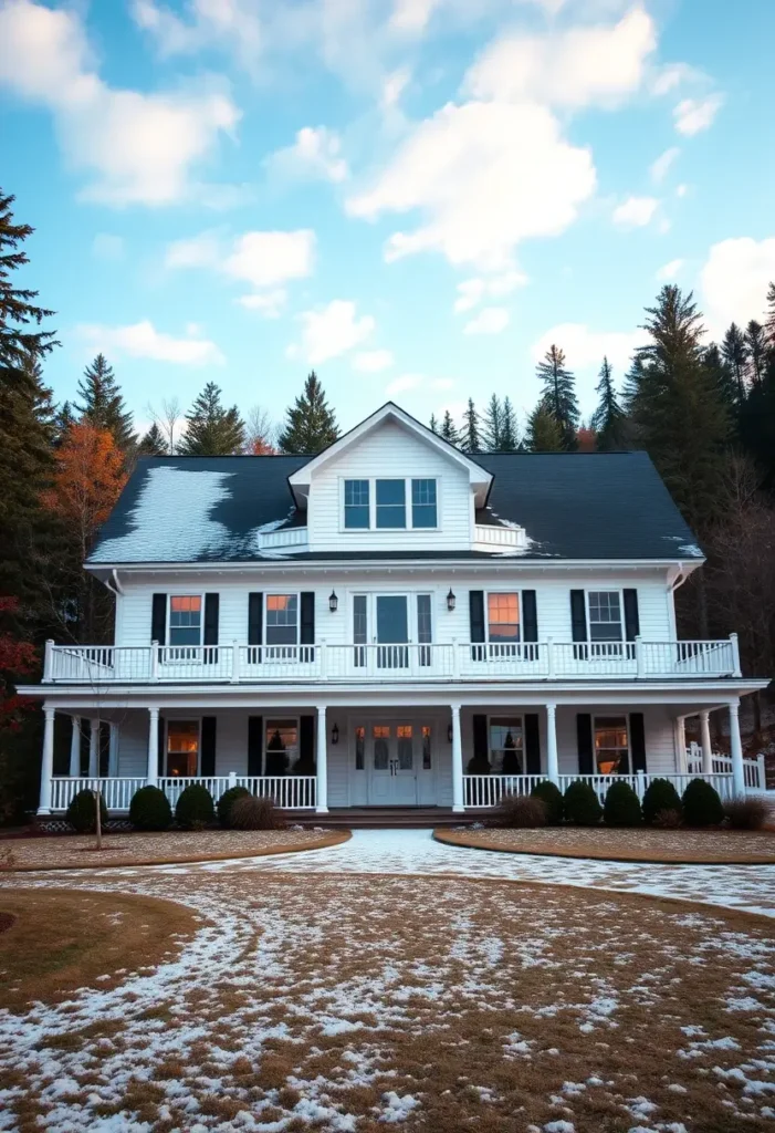 Large white farmhouse with double porches, black shutters, and a snowy yard surrounded by trees under a bright blue sky.