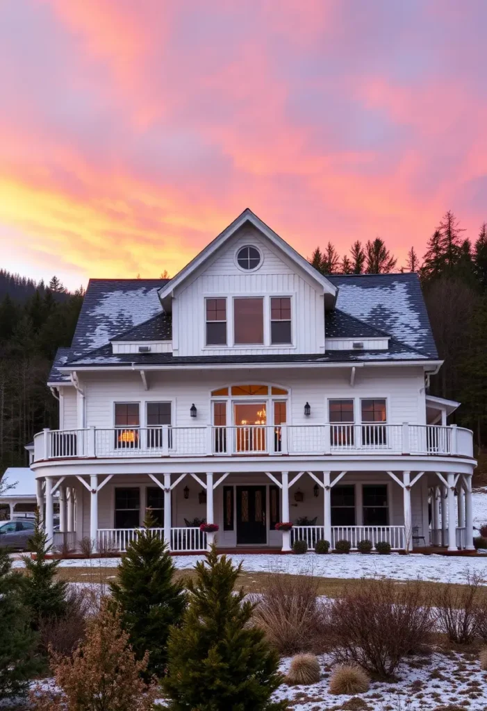 White farmhouse with wraparound balconies, detailed woodwork, and a snowy front yard set against a vibrant pink and orange sunset.