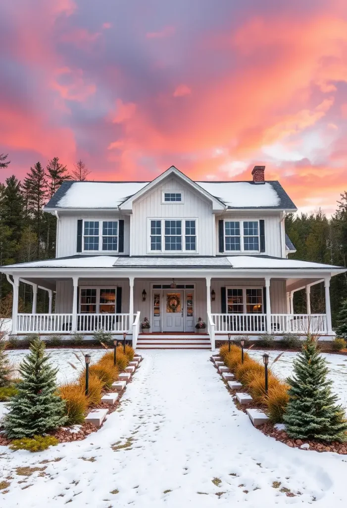 White farmhouse with a snow-covered pathway, evergreens, and warm lighting under a vibrant sunset sky.