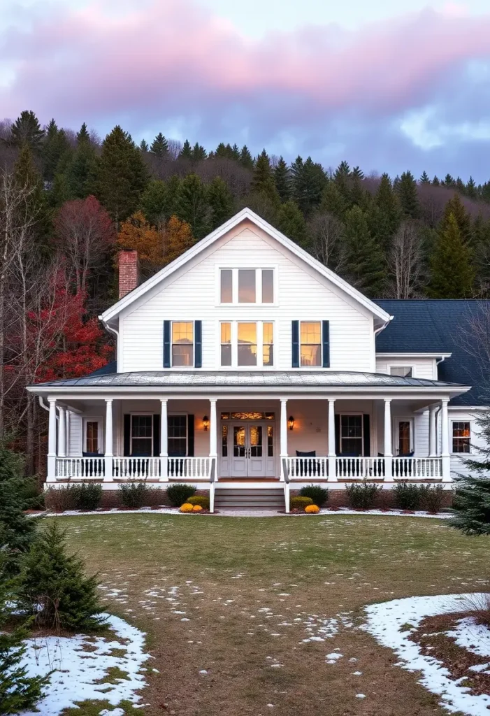 White farmhouse with black shutters, a wraparound porch, and a lawn framed by autumn trees and a snowy backdrop.