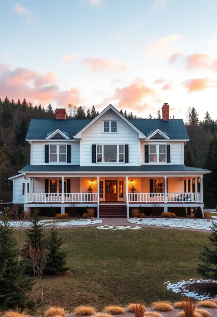 White farmhouse with black shutters, glowing porch lights, a snowy yard, and a sunset backdrop.