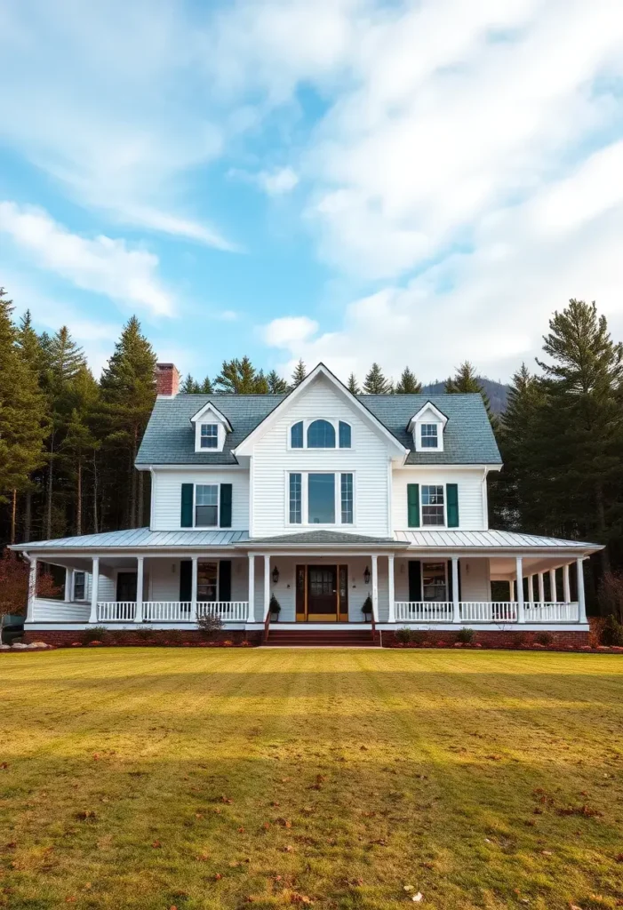 White farmhouse with green shutters, a wraparound porch, and a large front lawn surrounded by trees under a bright blue sky.