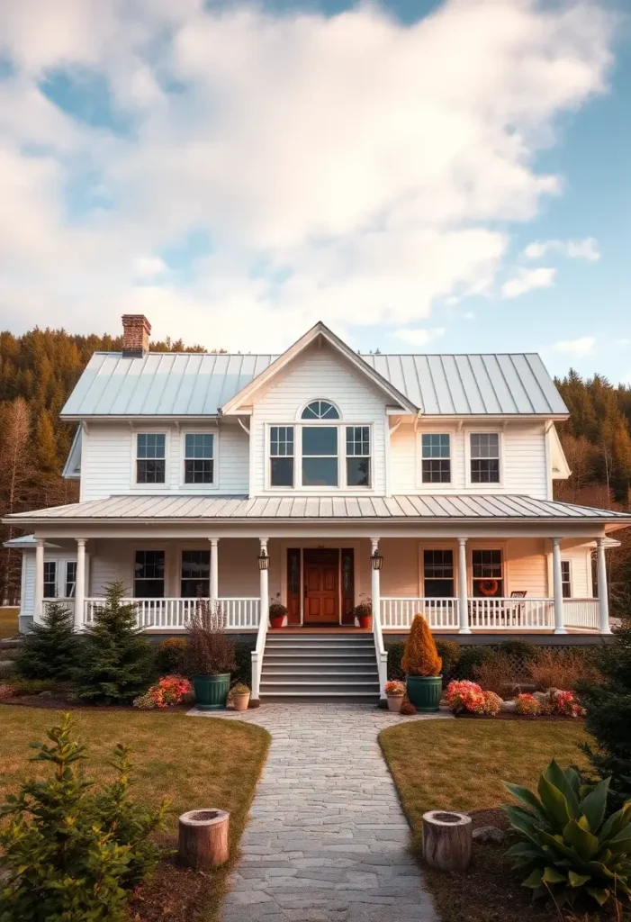 White farmhouse with a metal roof, wraparound porch, wooden door, and colorful landscaping under a bright sky.