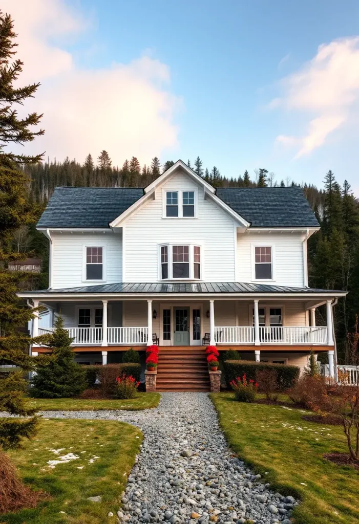 White farmhouse with a metal roof, gravel pathway, red potted plants, and a wraparound porch surrounded by greenery.