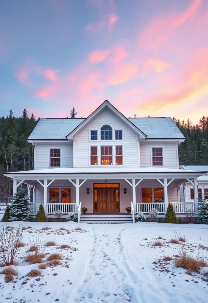 White farmhouse with a snowy yard, wraparound porch, and glowing interior lights, set against a pastel sunset sky.