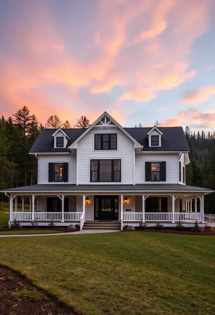 White farmhouse with black window frames, shutters, and a wraparound porch, set against a vibrant sunset sky.