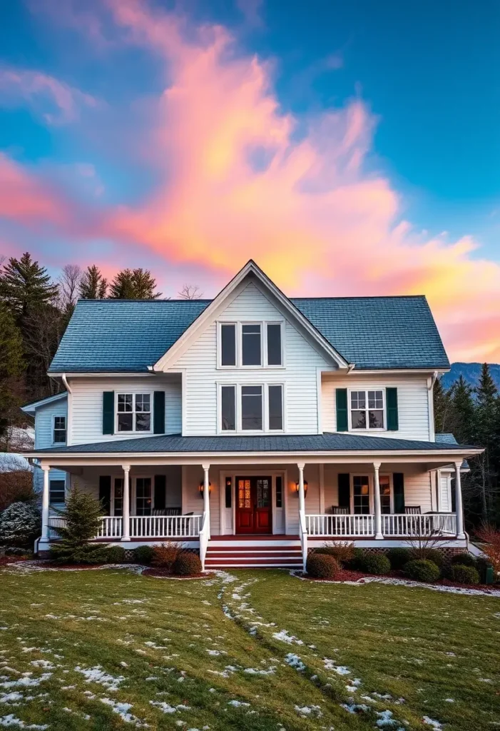 White farmhouse with a red front door, green shutters, wraparound porch, and a vibrant sunset backdrop.