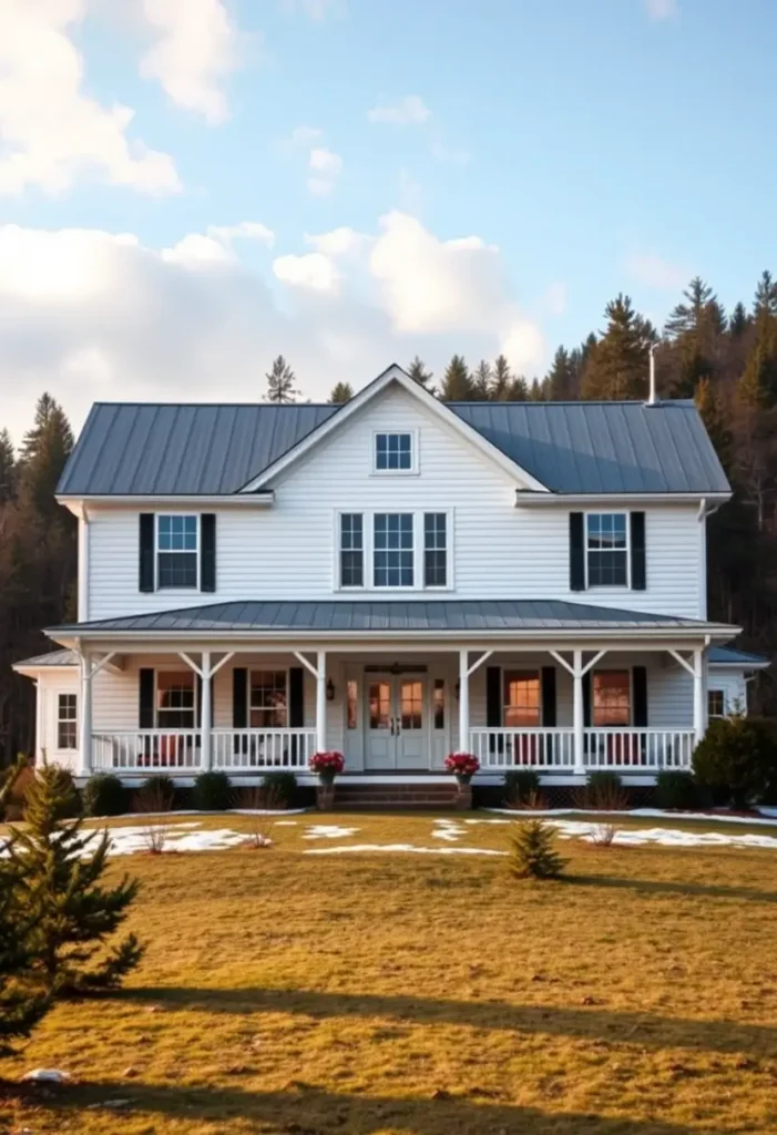 White farmhouse with a metal roof, black shutters, a wraparound porch, and red floral accents on a sunny day.