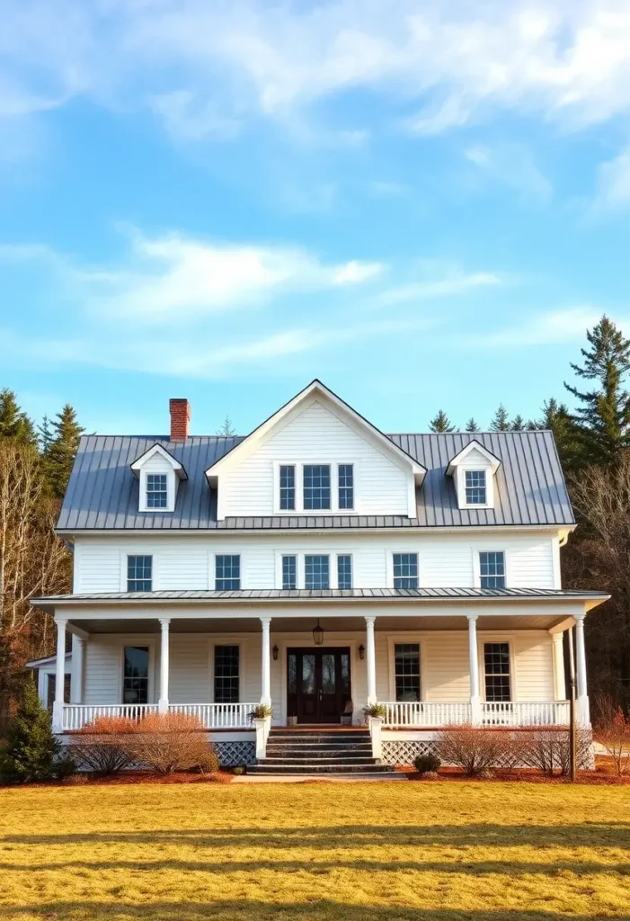 White farmhouse with a metal roof, large windows, and a wraparound porch surrounded by a landscaped lawn under a bright blue sky.