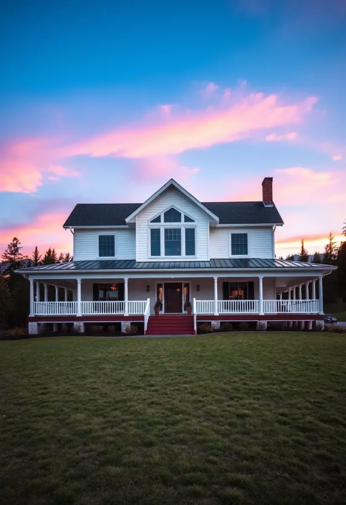 White farmhouse with a wraparound porch, red steps, and glowing interior lights under a vibrant pink and blue sunset.