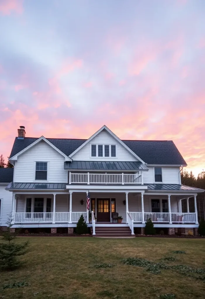 White farmhouse with a wraparound porch, upper balcony, and an American flag, set against a soft pastel sunset.