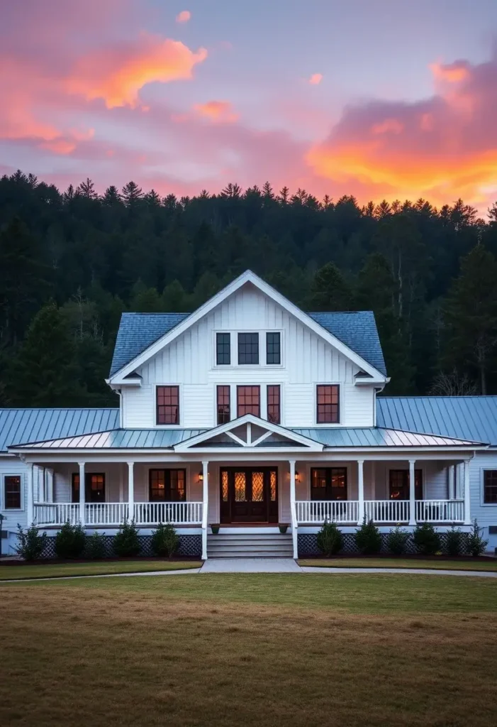 White farmhouse with a metal roof, glowing windows, and a wraparound porch, set against a forest backdrop and vibrant sunset sky.