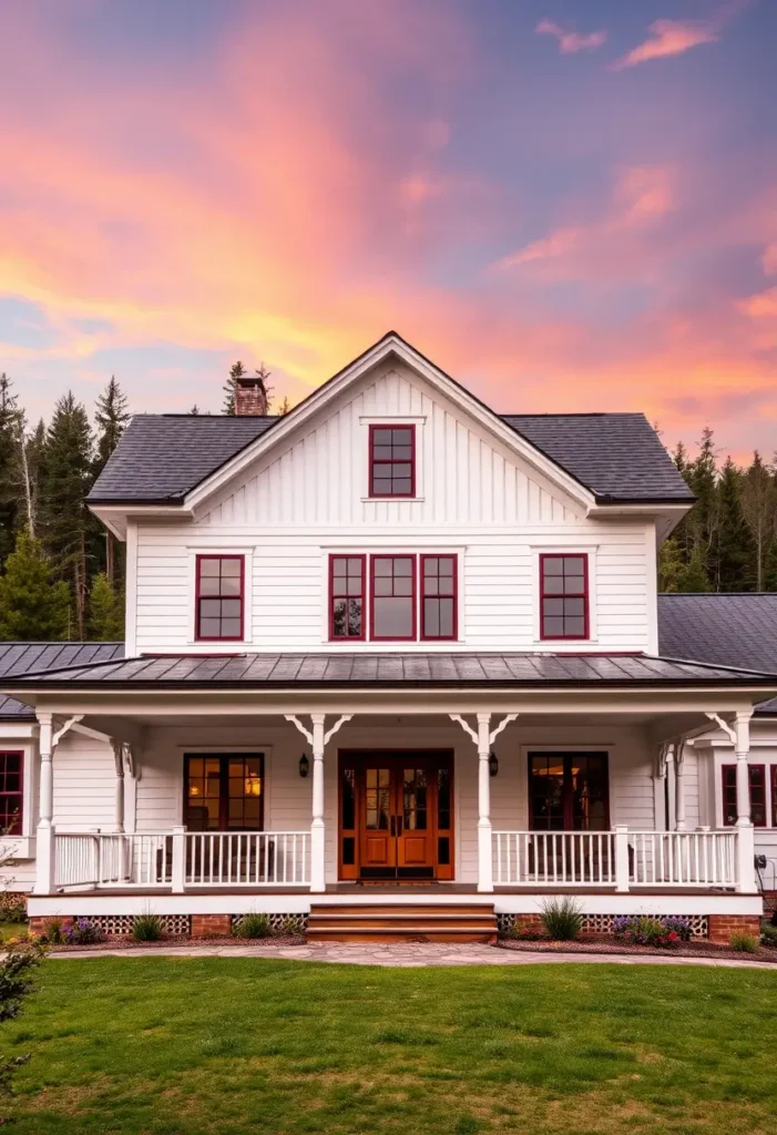 White farmhouse with red window frames, a wooden front door, a wraparound porch, and a vivid sunset sky.