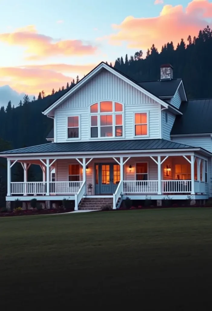 White farmhouse with a wraparound porch, arched window, blue door, and a glowing sunset reflection in the windows.