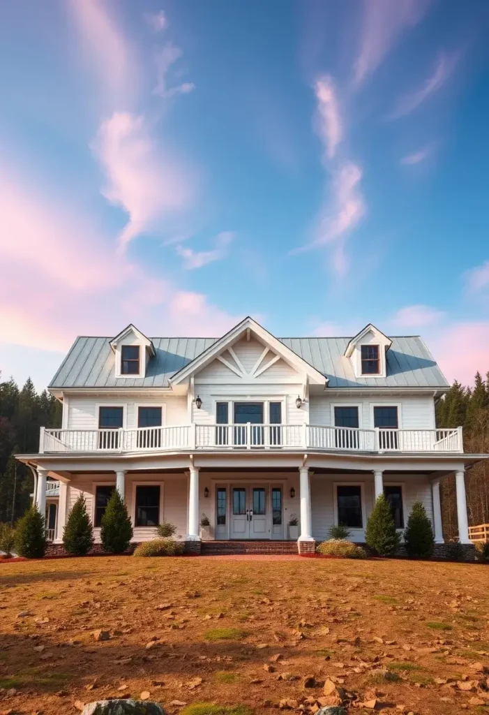 White farmhouse with a metal roof, upper balcony, wraparound porch, and earthy landscaping under a pastel blue sky.