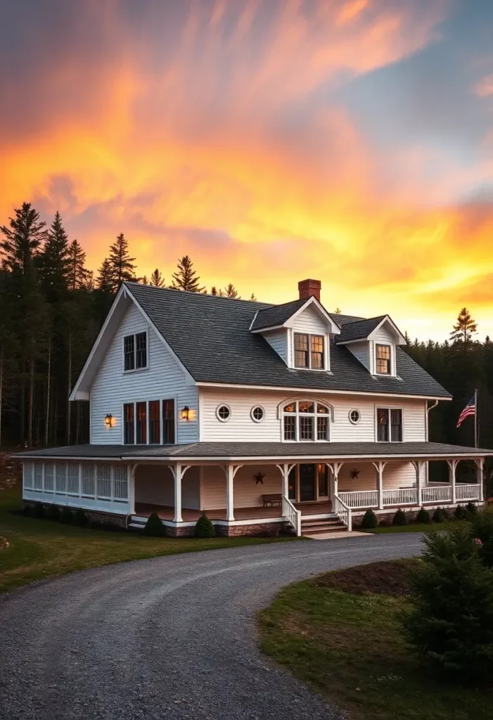 White farmhouse with a wraparound porch, dormer windows, circular accent windows, and a curved driveway under a vibrant sunset sky.