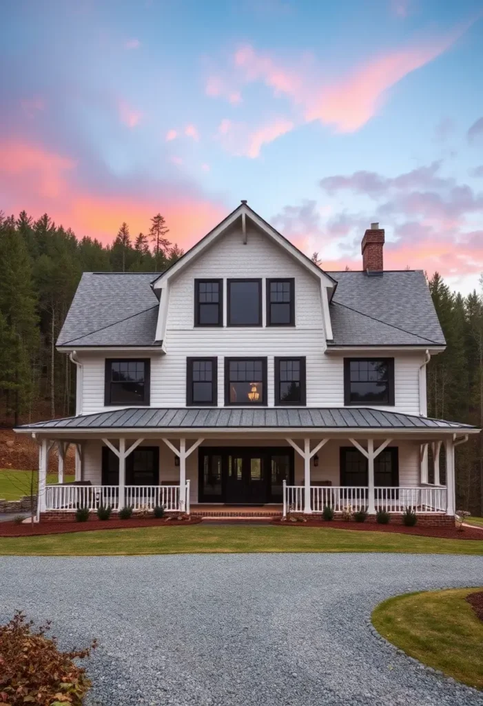 White farmhouse with black-framed windows, a wraparound porch, metal roof, and a pastel sunset backdrop.