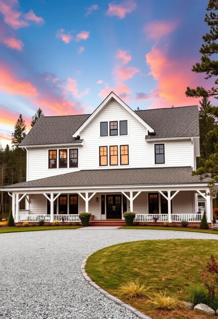 Modern white farmhouse with black-framed windows, a wraparound porch, gravel driveway, and a vibrant sunset in the background.