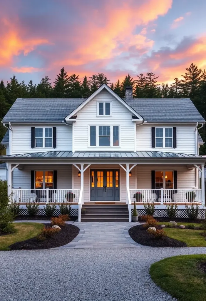 White farmhouse with black shutters, a metal roof, a stone pathway, and warm-lit windows at dusk surrounded by lush landscaping. 27 White Farmhouses That Prove Simple Is Always Beautiful