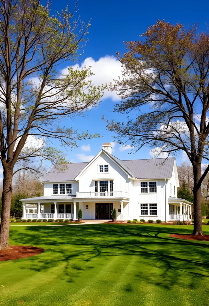 Classic white farmhouse with a wraparound porch, black-framed windows, and a lush green lawn under a bright blue sky.