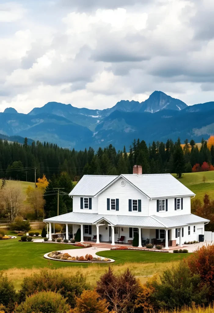 White farmhouse with black shutters, metal roof, and a wraparound porch set against a backdrop of mountains and lush greenery.