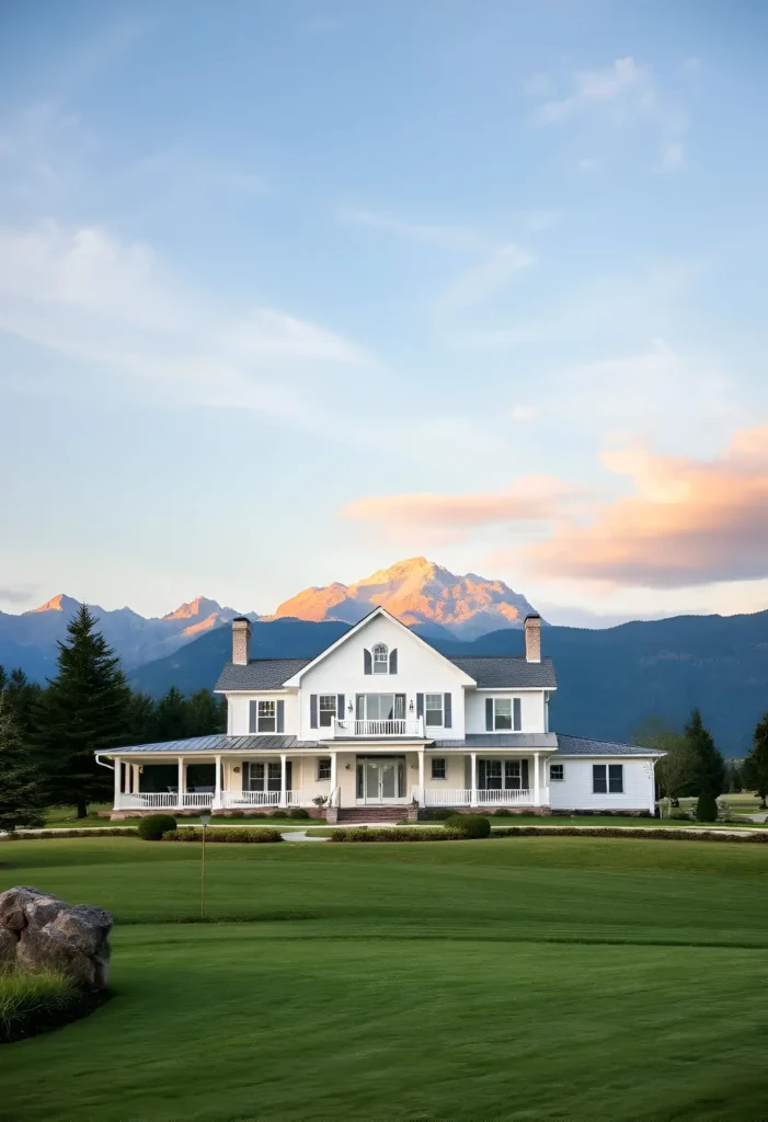 White farmhouse with dual chimneys, wraparound porch, and mountain backdrop during a golden sunset.