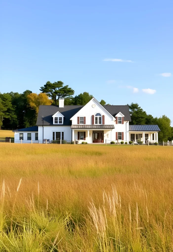 White farmhouse with arched windows, wood-paneled shutters, and a black metal roof, set in a field of golden grass under a clear blue sky.