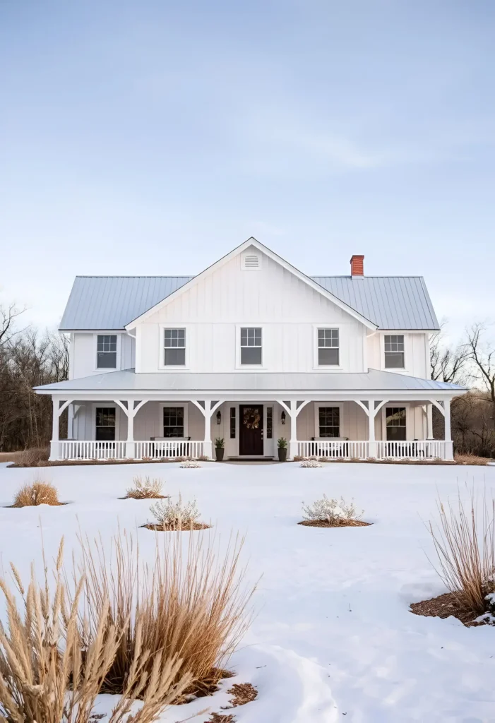 White farmhouse with board-and-batten siding, a metal roof, a red brick chimney, and a wraparound porch surrounded by snow.