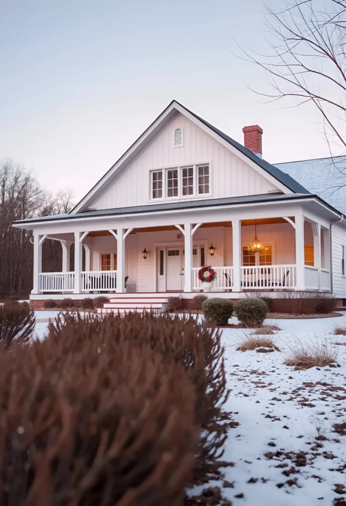 White farmhouse with a festive wreath, warm pendant lights, board-and-batten siding, and a red brick chimney, surrounded by a snowy landscape.