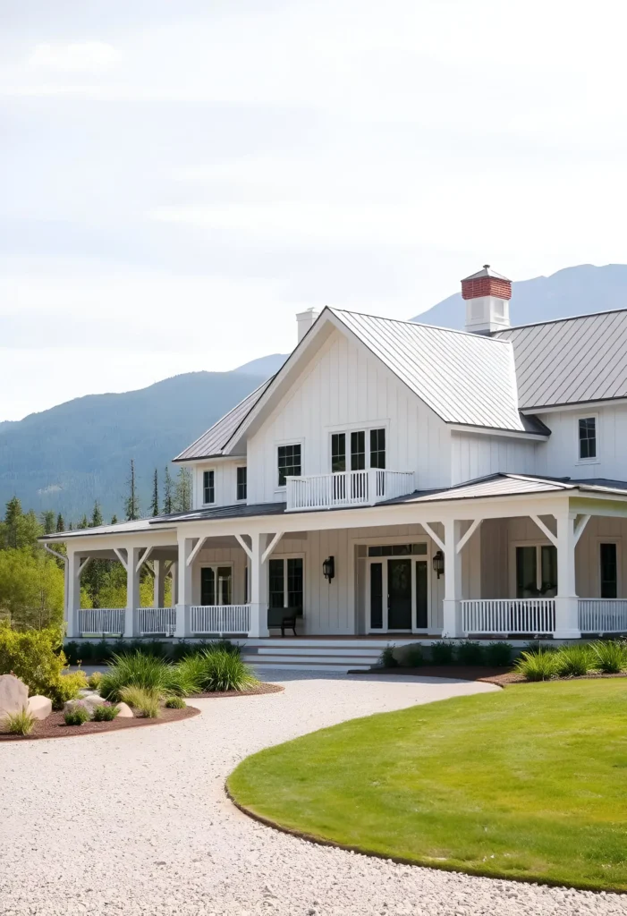 Modern white farmhouse with board-and-batten siding, a wraparound porch, and a red brick chimney, framed by a mountain backdrop and landscaped greenery.