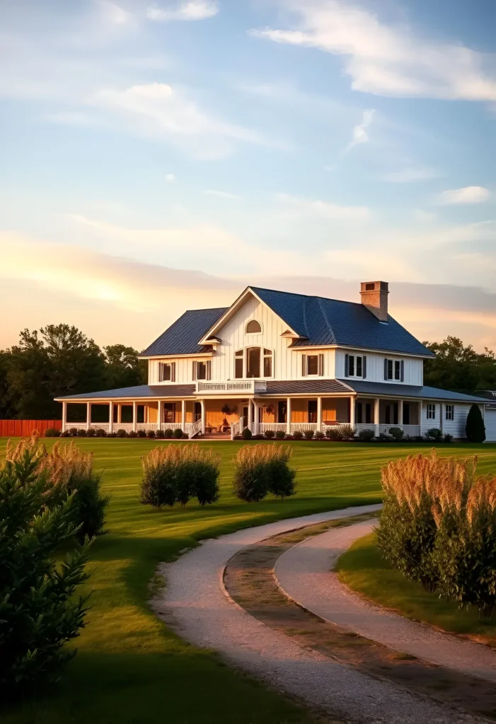 White farmhouse with an expansive wraparound porch, arched windows, and a curved gravel driveway at sunset, surrounded by a lush green landscape.