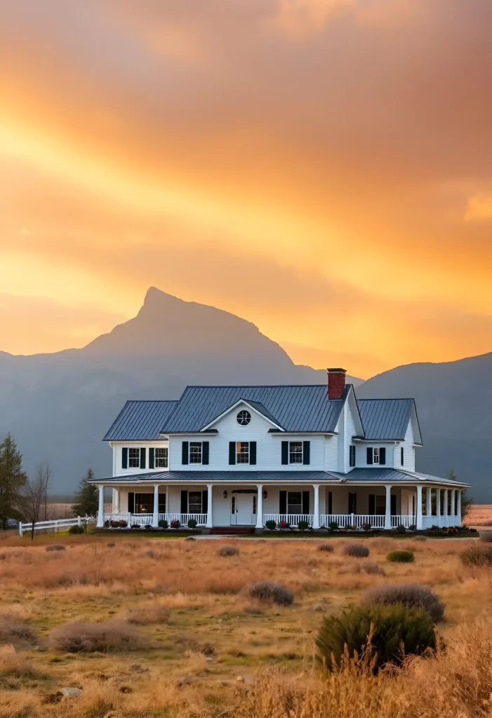 White farmhouse with a metal roof, black shutters, circular window, and wraparound porch, set in a golden sunset with a mountain backdrop.