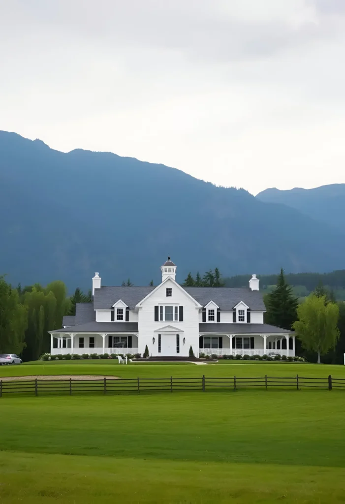 Grand white farmhouse with a cupola, black shutters, dormer windows, and a wraparound porch, surrounded by green lawns and mountain scenery.