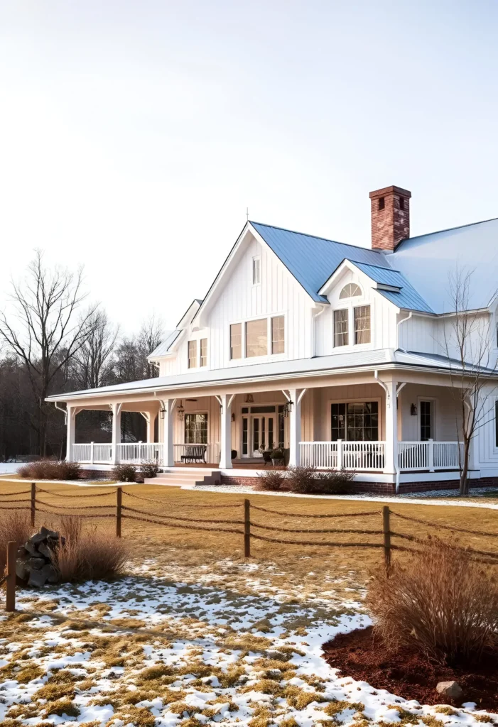 White farmhouse with a steep metal roof, red brick chimney, board-and-batten siding, and wraparound porch surrounded by a winter landscape.