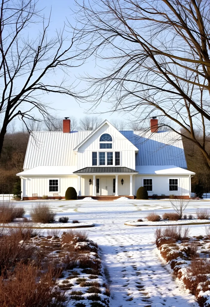 White farmhouse with a steep metal roof, arched window, board-and-batten siding, and a red brick chimney surrounded by snow and bare trees.