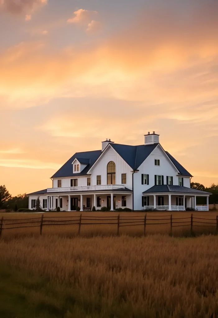 Majestic white farmhouse with an arched window, black shutters, and a wraparound porch, set against a golden sunset and surrounded by fields.