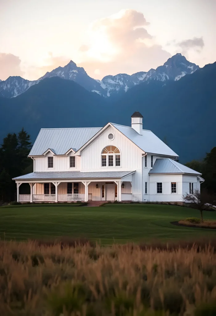 White farmhouse with arched window, board-and-batten siding, a cupola, and wraparound porch set against a scenic mountain backdrop.