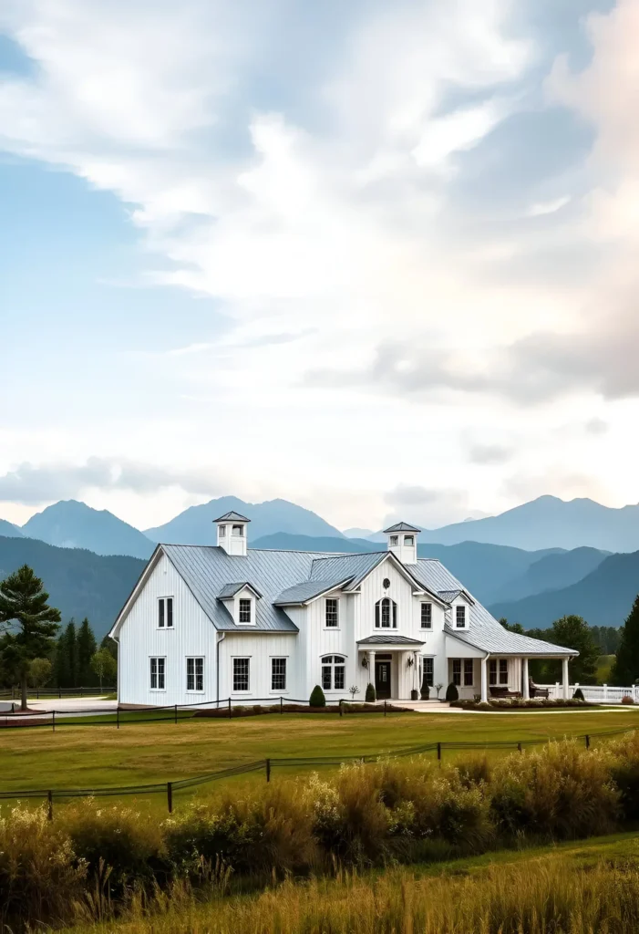 Expansive white farmhouse with twin cupolas, steep metal roof, dormer windows, and board-and-batten siding, surrounded by lush greenery and mountains.