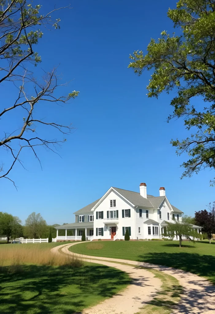 Classic white farmhouse with black shutters, twin chimneys, a wraparound porch, and a winding gravel driveway surrounded by lush greenery.