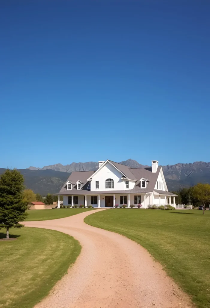 White farmhouse with arched windows, dormer accents, and a wraparound porch, surrounded by a curved gravel driveway and mountain backdrop.