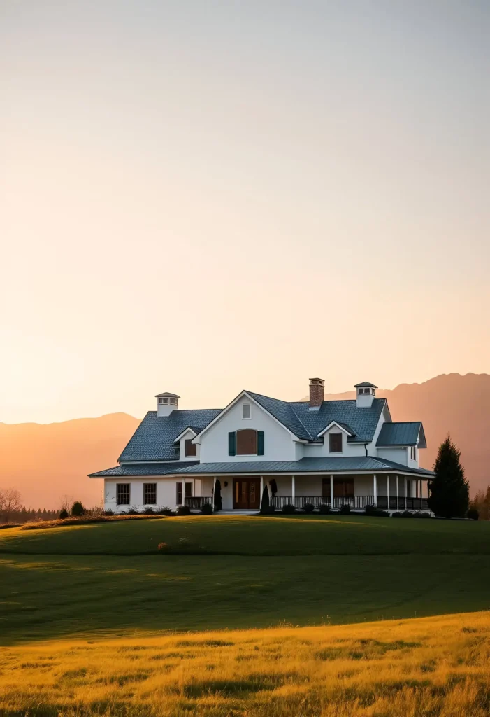 White farmhouse with twin cupolas, a brick chimney, dormer windows, and a wraparound porch, surrounded by golden fields at sunset with a mountain backdrop.