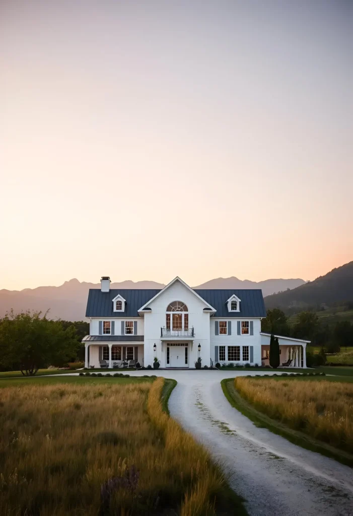 White farmhouse with an arched window, dormer accents, wraparound porch, and circular gravel driveway, surrounded by fields and mountains at dusk.