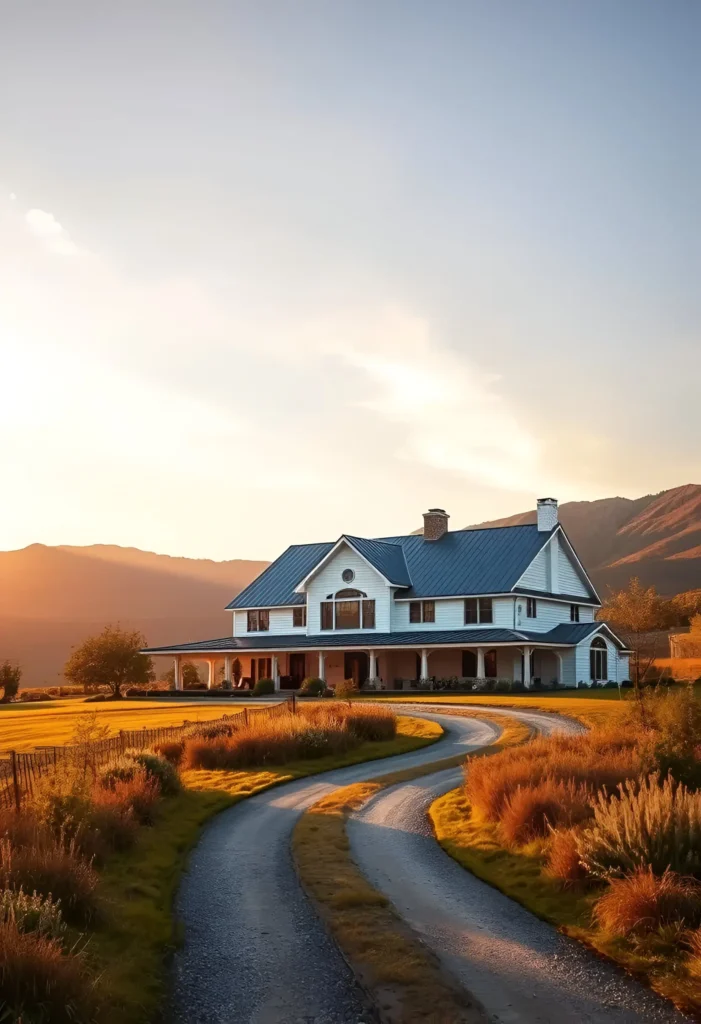 White farmhouse with an arched window, wraparound porch, twin chimneys, and a winding gravel driveway, surrounded by golden meadows at sunset.