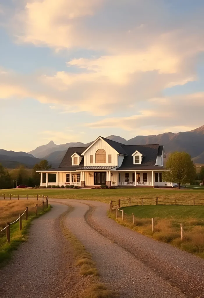 White farmhouse with an arched window, dormer accents, wraparound porch, and a rustic gravel pathway, set against fields and mountains at sunset.