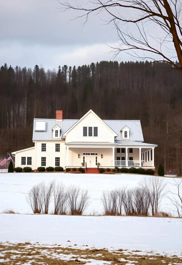 White farmhouse with a steep metal roof, dormer windows, red brick chimney, and wraparound porch, surrounded by snow and a wooded backdrop.