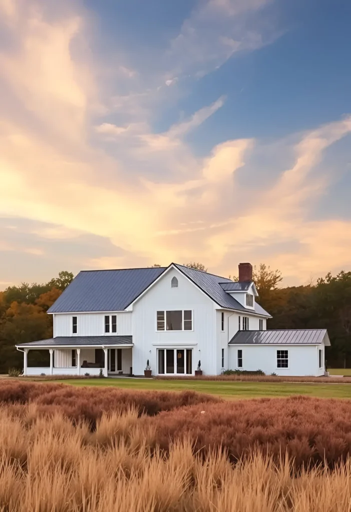 White farmhouse with a metal roof, red brick chimney, and wraparound porch surrounded by golden fields and a sunset sky.