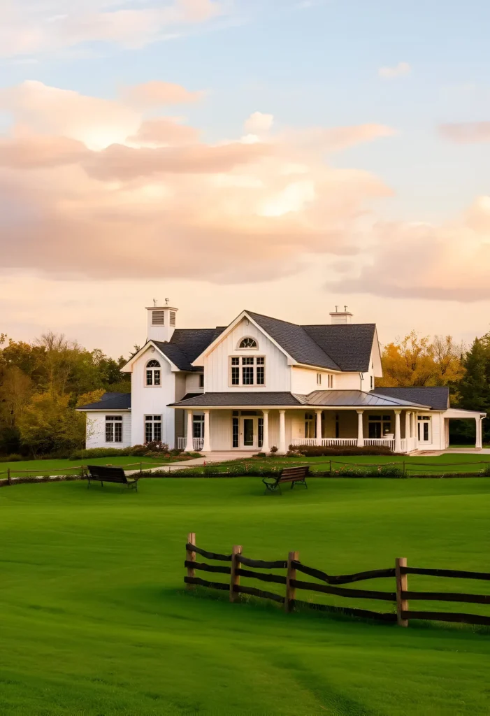 White farmhouse with a cupola, arched window, wraparound porch, manicured lawn, and pastel evening sky.