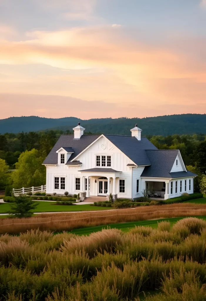 White farmhouse with twin cupolas, board-and-batten siding, a covered porch with stone pillars, and a backdrop of rolling fields and pastel sky.